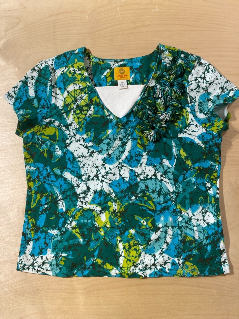 Ruby Rd. Teal, White & Lime Floral V-Neck Short Sleeve Top PM (RD)